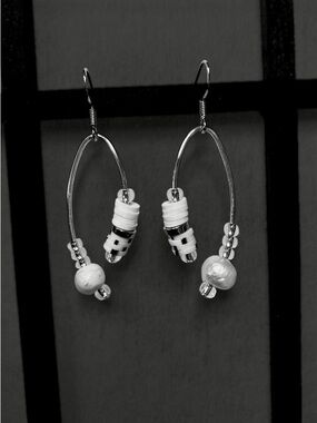 White Pearl Beaded Hoop Drop Earrings - Women Jewelry